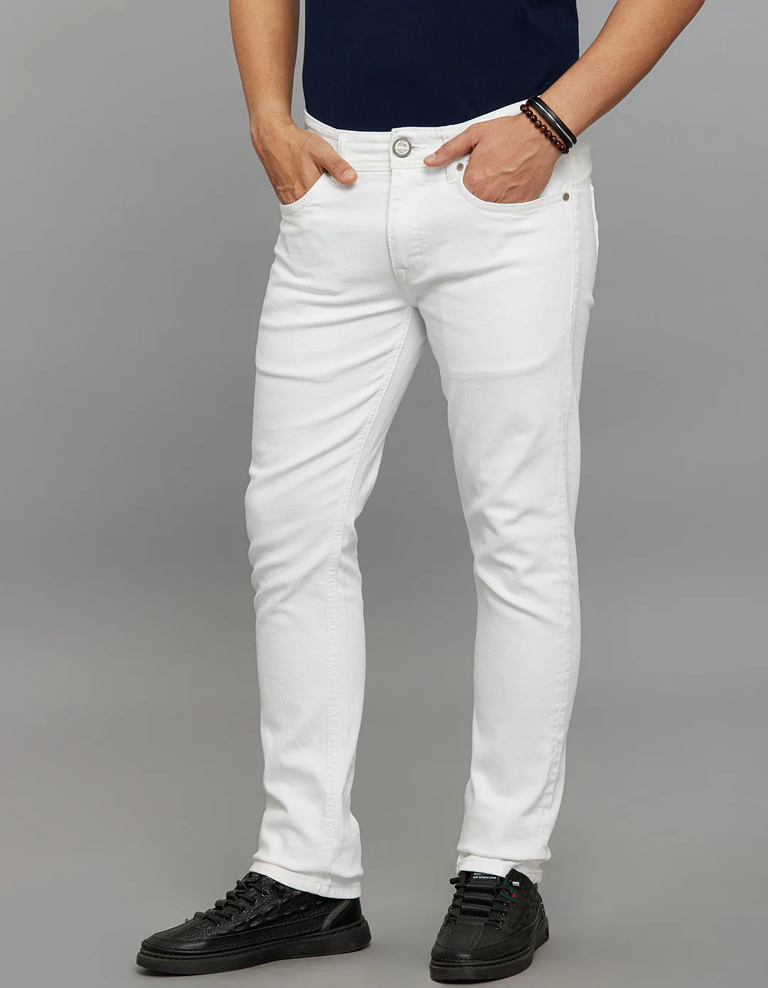 White 5 Pocket Mid-Rise Slim Straight Fit Stretch Jeans - Image 3