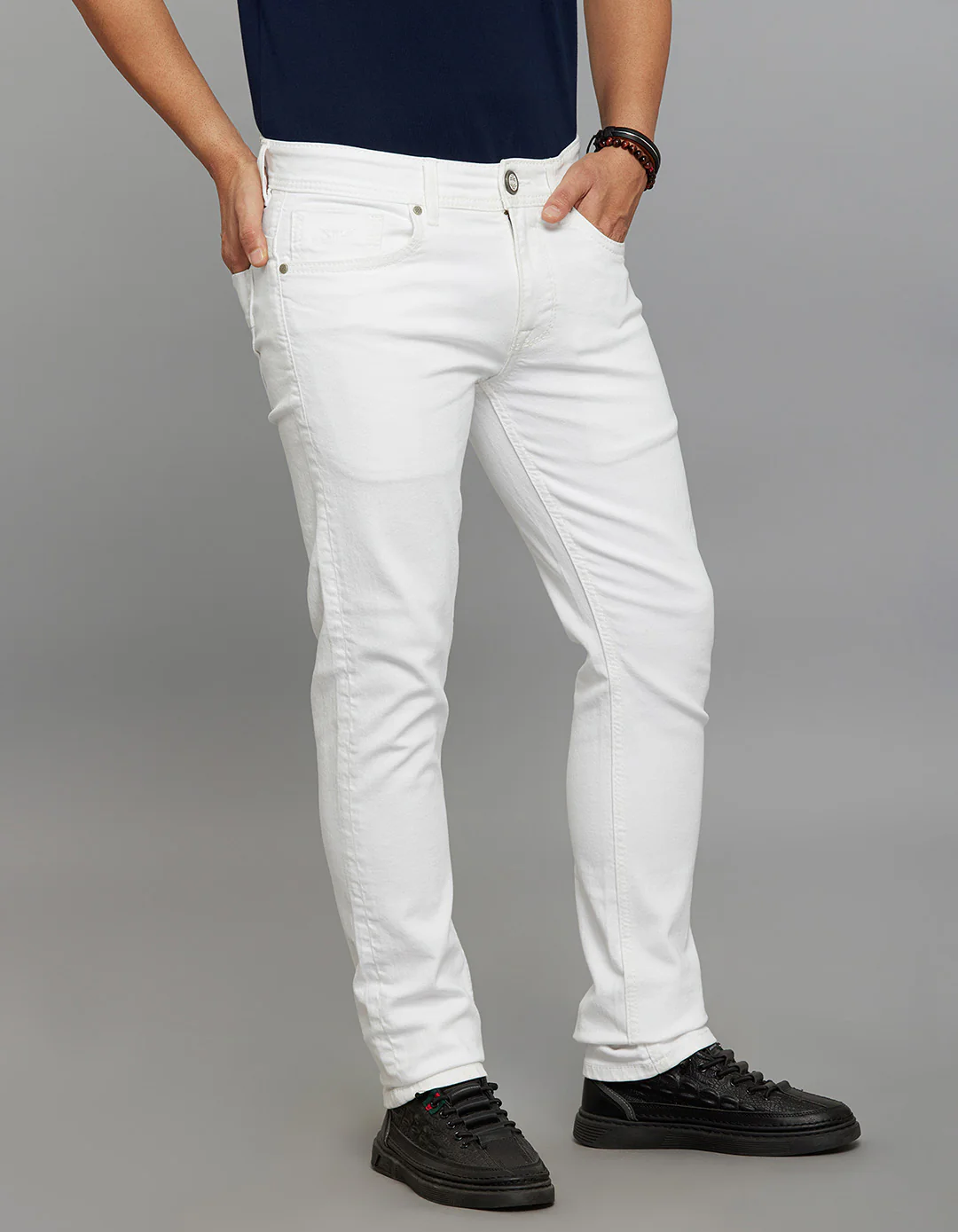 White 5 Pocket Mid-Rise Slim Straight Fit Stretch Jeans - Image 4
