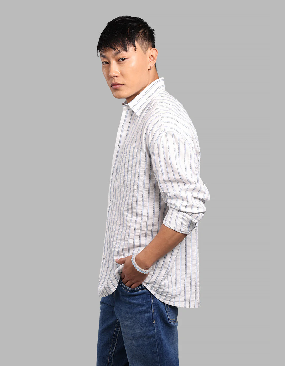 White Blue 100% Cotton Full Sleeve Stripe Shirt - Image 3