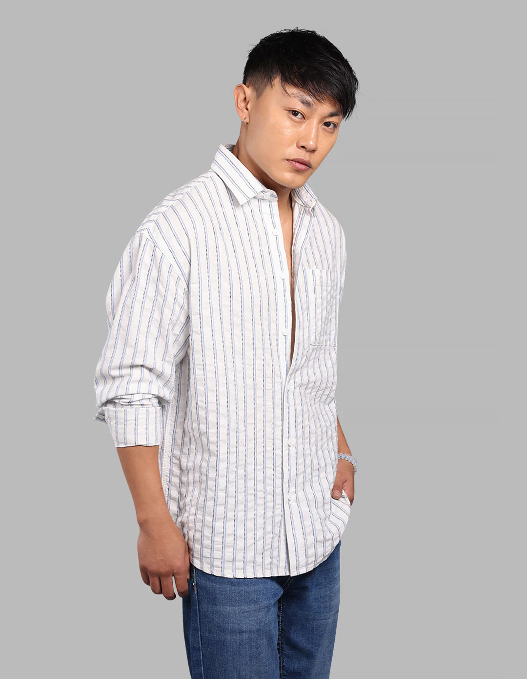 White Blue 100% Cotton Full Sleeve Stripe Shirt - Image 4