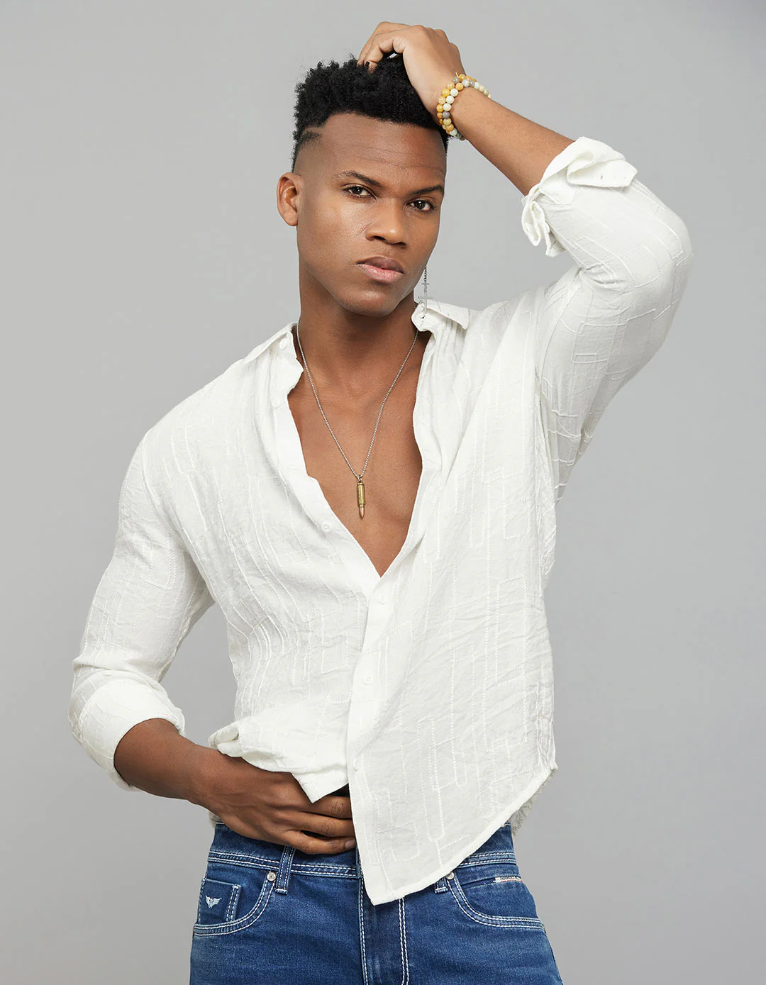 White Full Sleeves Embroidered Stitch Texture Shirt - Image 3