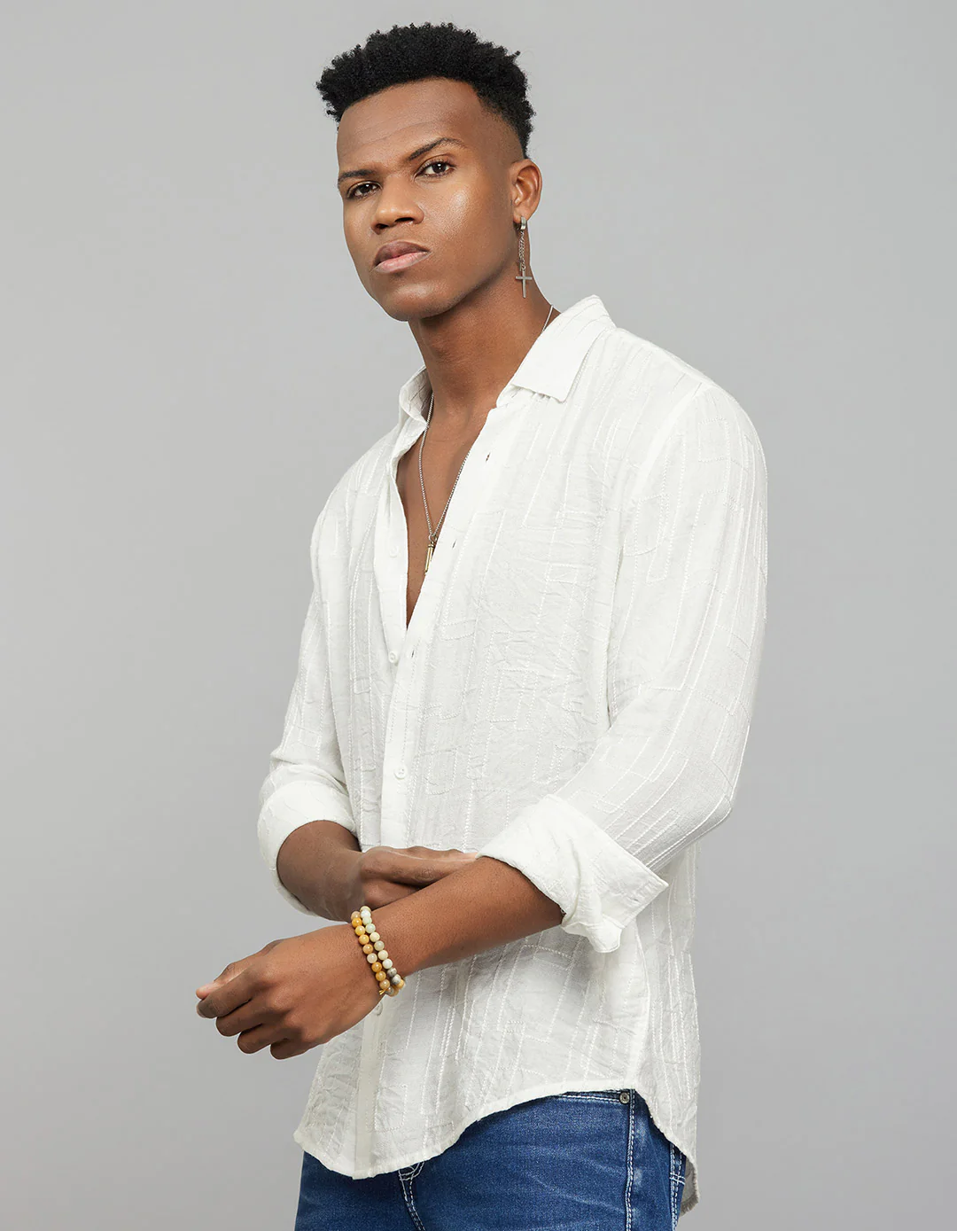 White Full Sleeves Embroidered Stitch Texture Shirt - Image 4