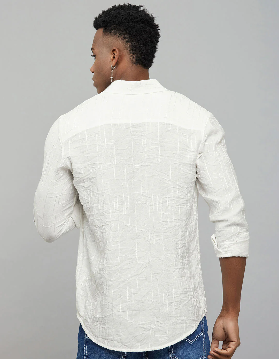 White Full Sleeves Embroidered Stitch Texture Shirt - Image 7