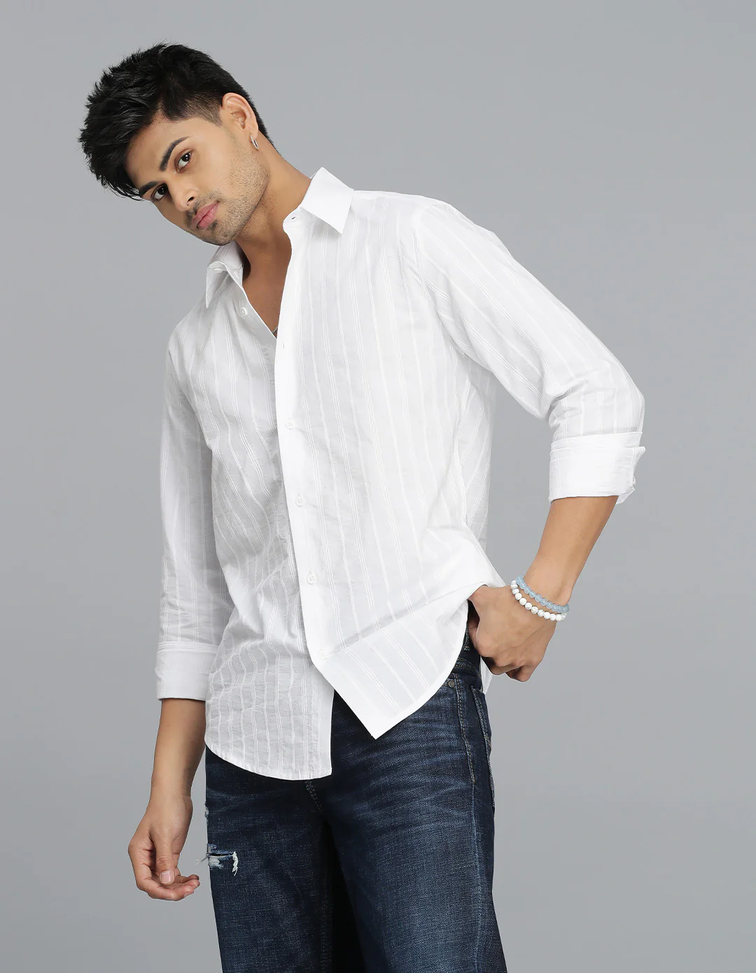White Full Sleeves Stripe Shirt - Image 4