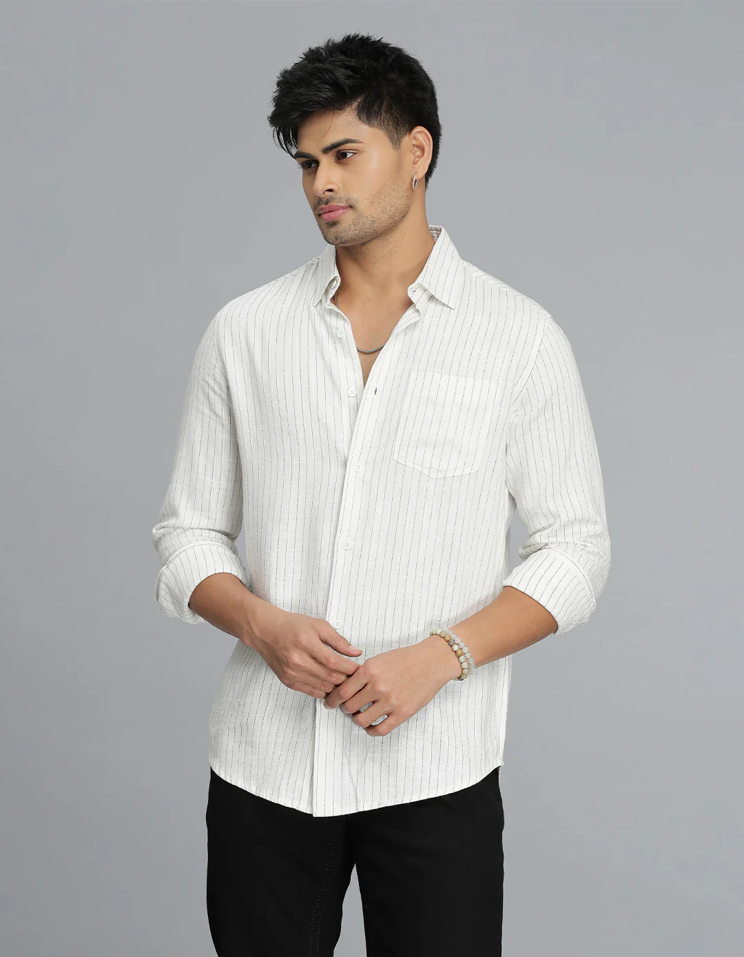 White Full Sleeves Stripe Linen Blend Shirt
