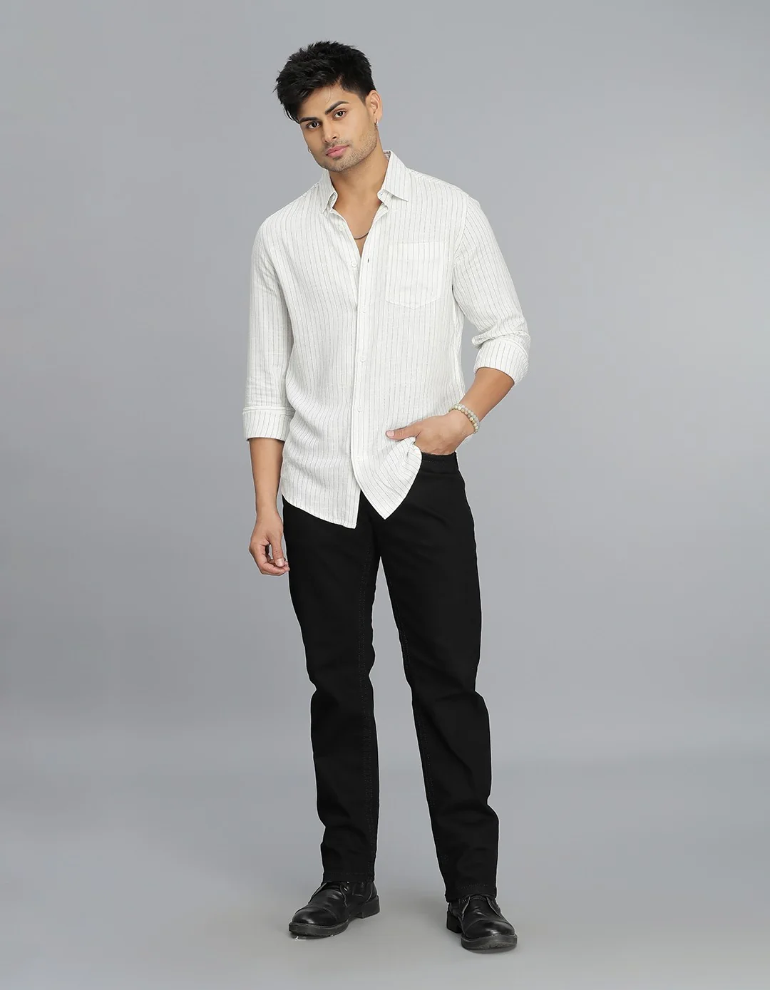 White Full Sleeves Stripe Linen Blend Shirt - Image 2
