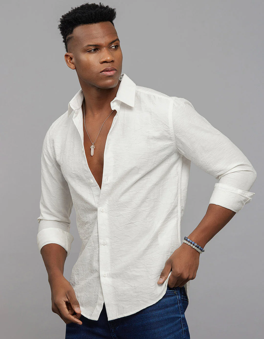 White Full Sleeves Texture Print Shirt - Image 3