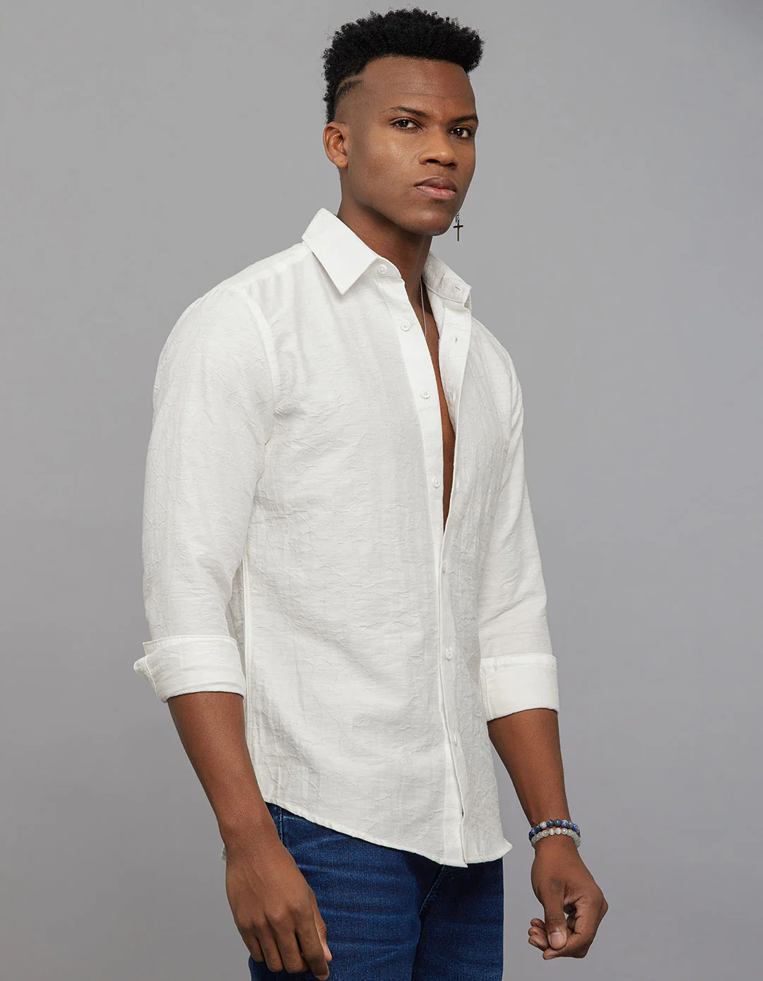 White Full Sleeves Texture Print Shirt - Image 4