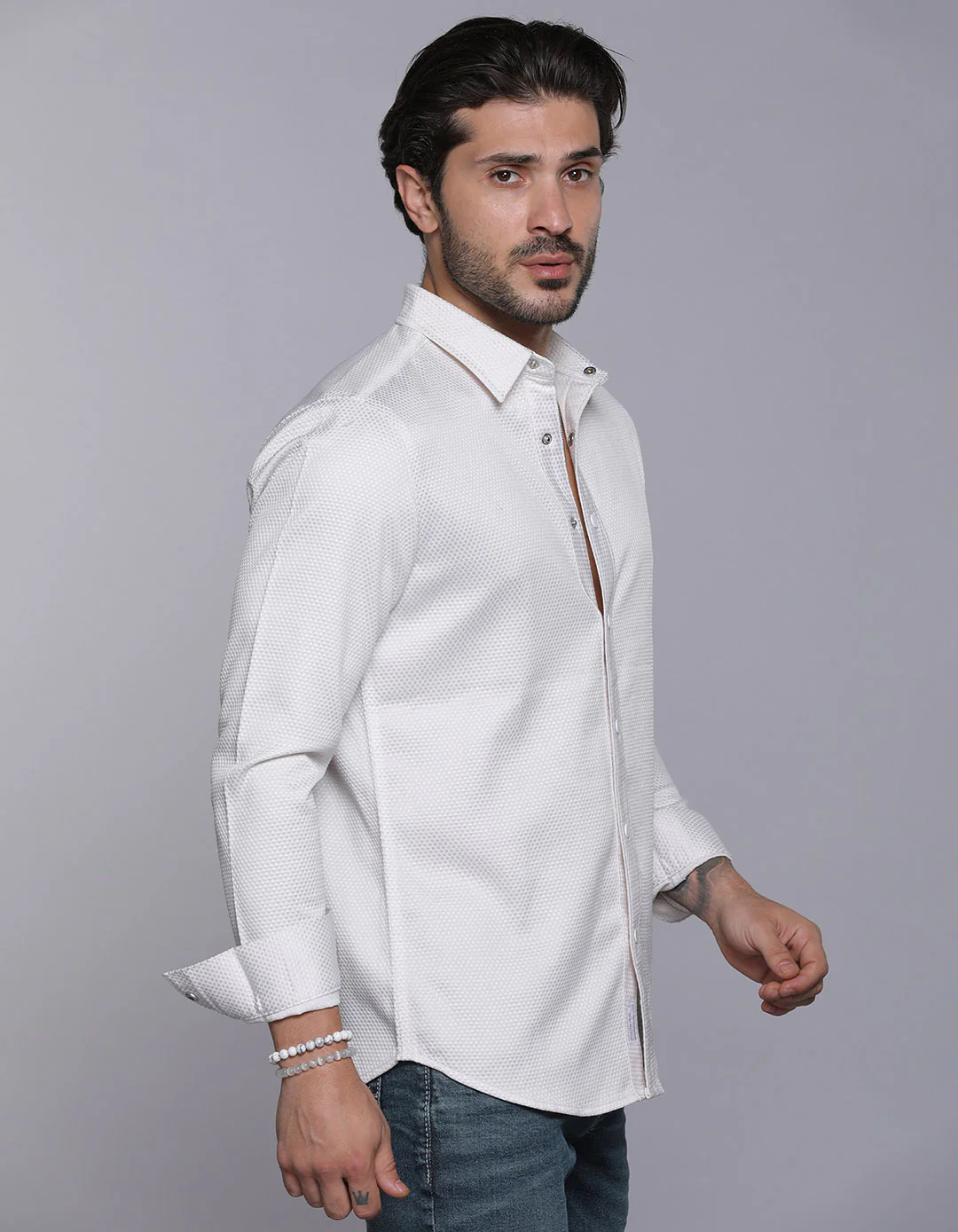 White Full Sleeves Textured Waffle Shirt - Image 4