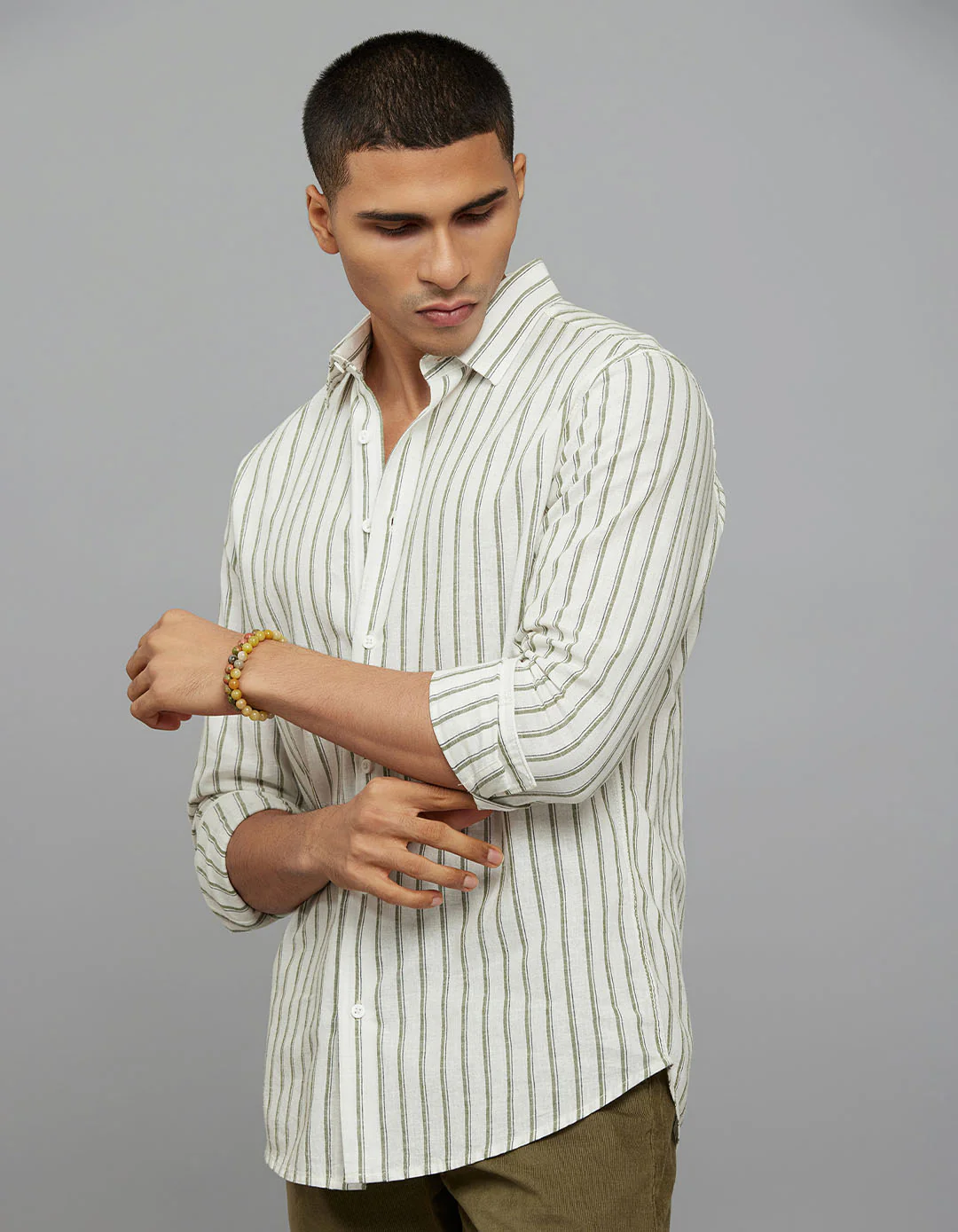 White Green Full Sleeves Linen Blend Stripe Shirt - Image 3