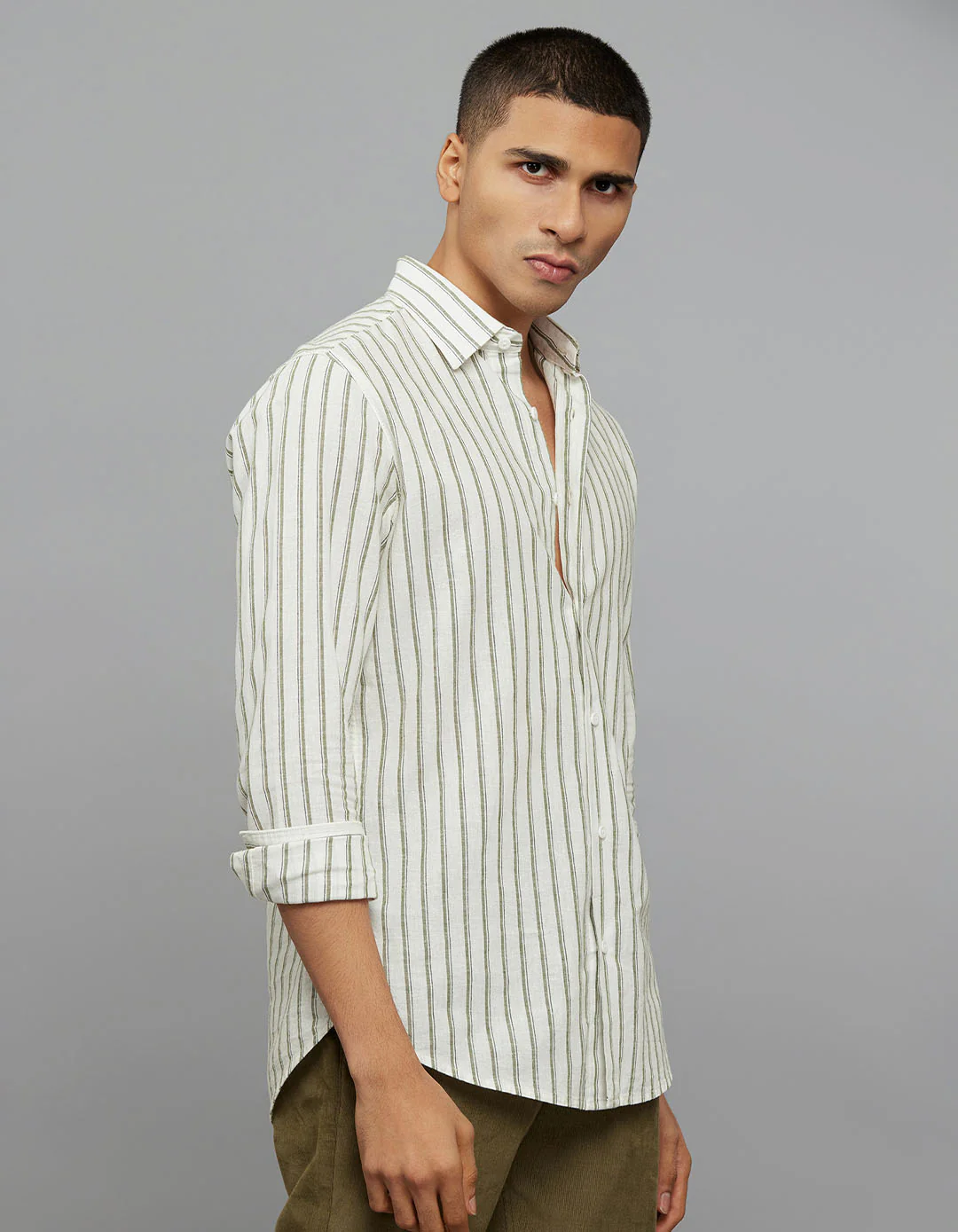 White Green Full Sleeves Linen Blend Stripe Shirt - Image 4