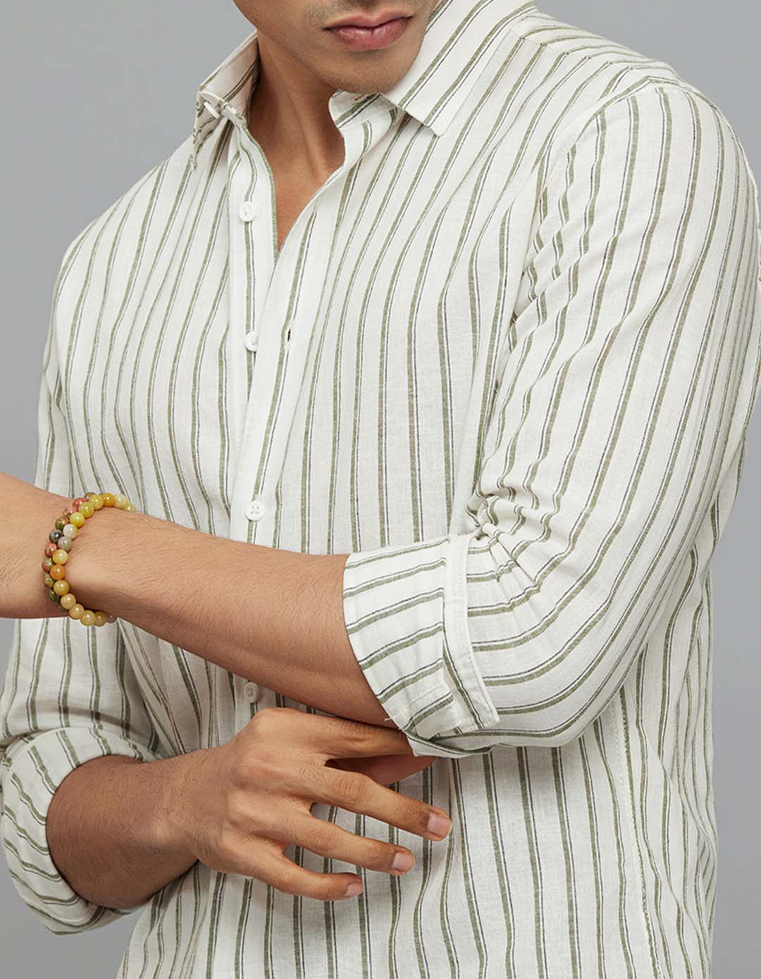 White Green Full Sleeves Linen Blend Stripe Shirt - Image 5