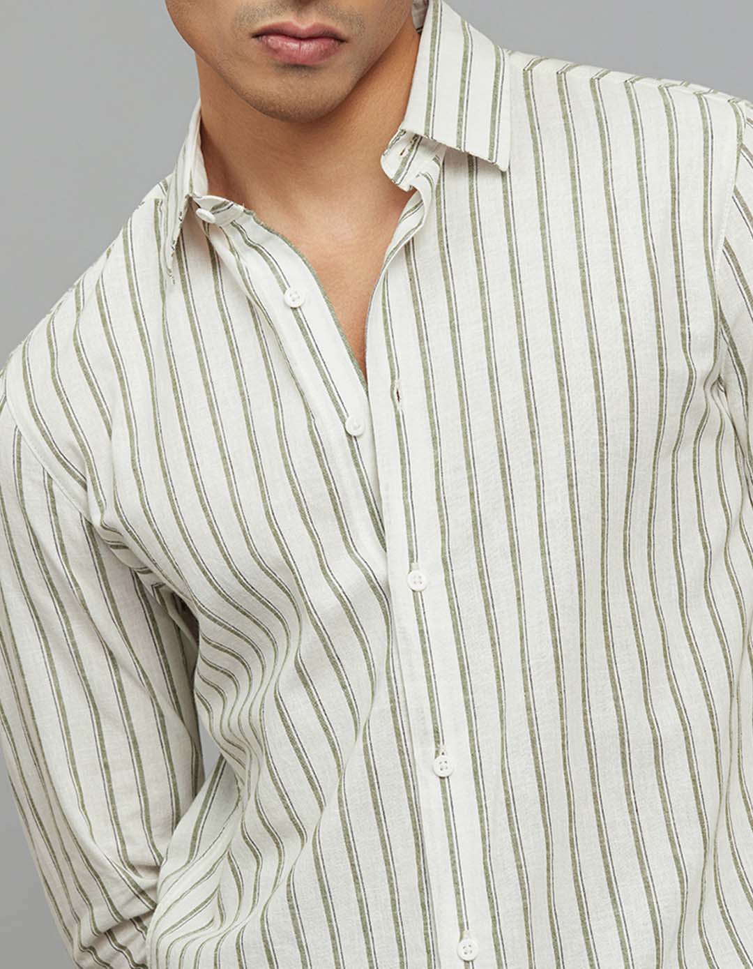 White Green Full Sleeves Linen Blend Stripe Shirt - Image 6