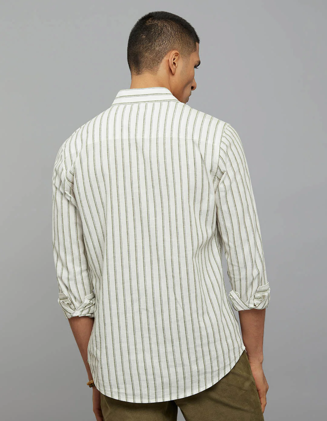 White Green Full Sleeves Linen Blend Stripe Shirt - Image 7