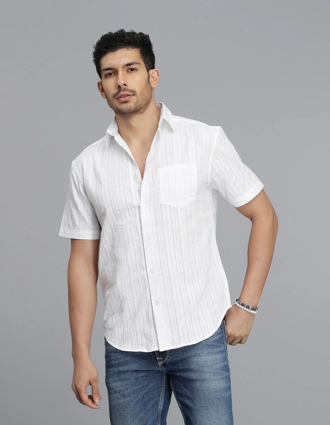 WHITE 100% Cotton Half Sleeve STRIPE SHIRT