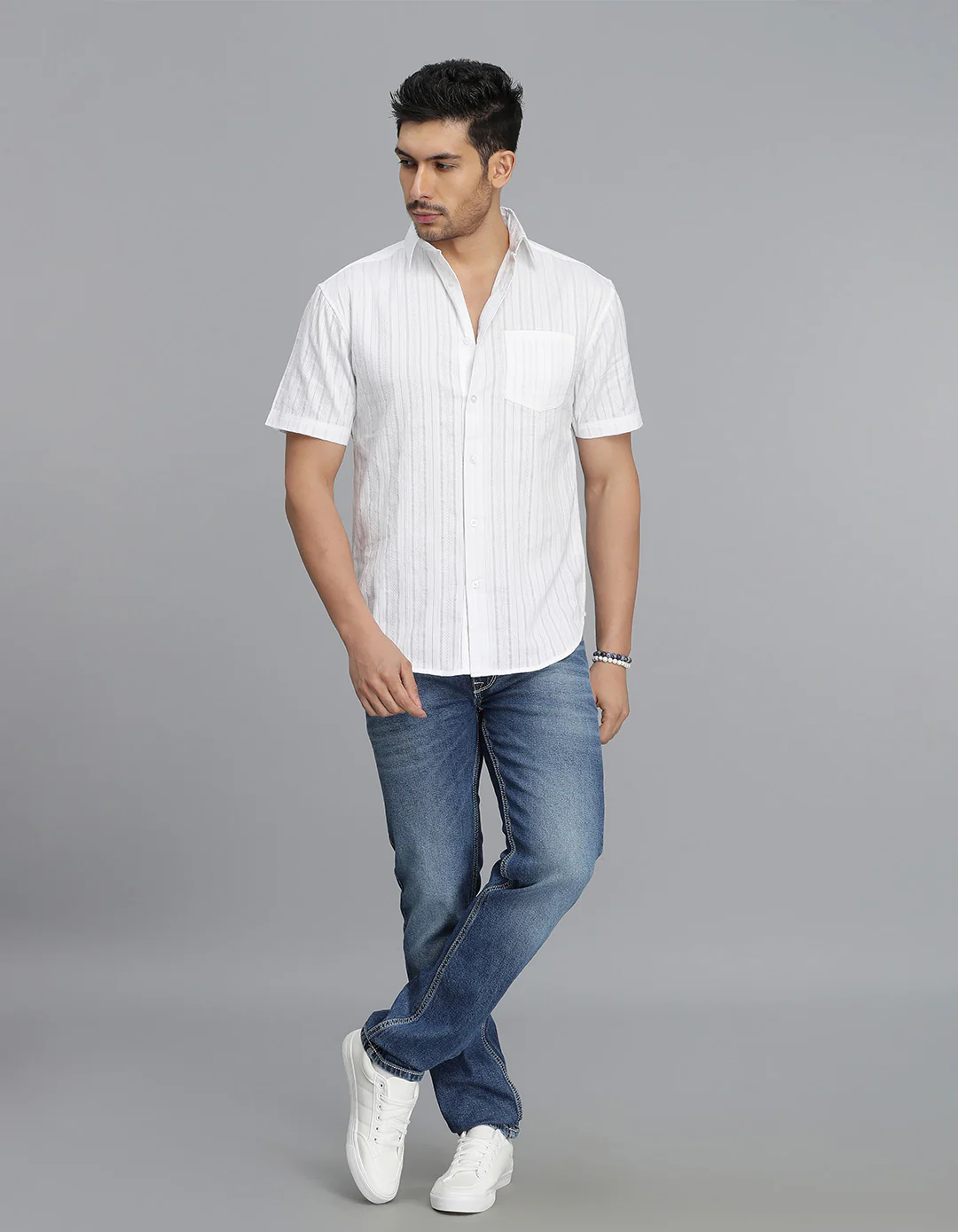 WHITE 100% Cotton Half Sleeve STRIPE SHIRT - Image 2