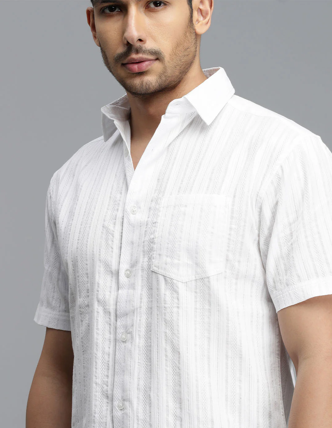 WHITE 100% Cotton Half Sleeve STRIPE SHIRT - Image 3