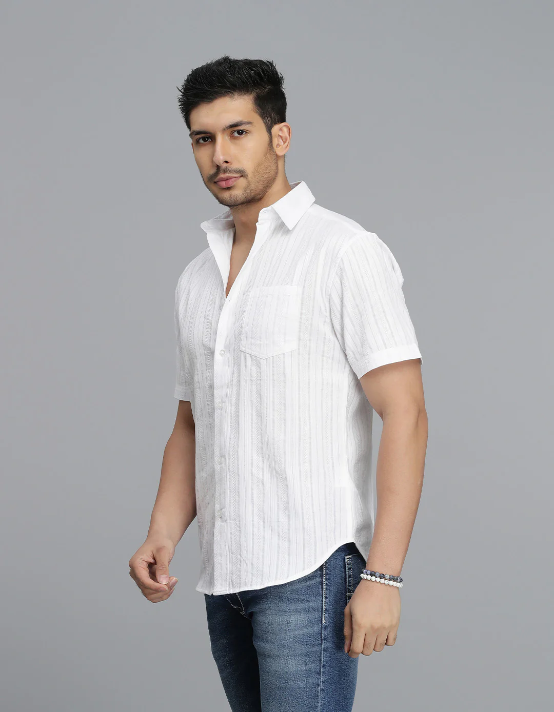 WHITE 100% Cotton Half Sleeve STRIPE SHIRT - Image 5