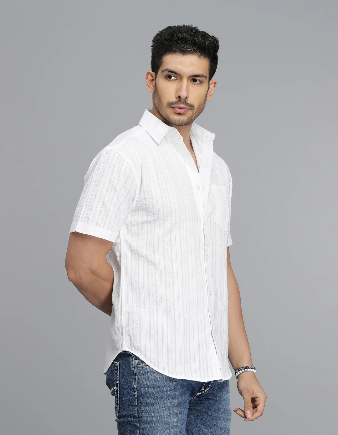 WHITE 100% Cotton Half Sleeve STRIPE SHIRT - Image 6