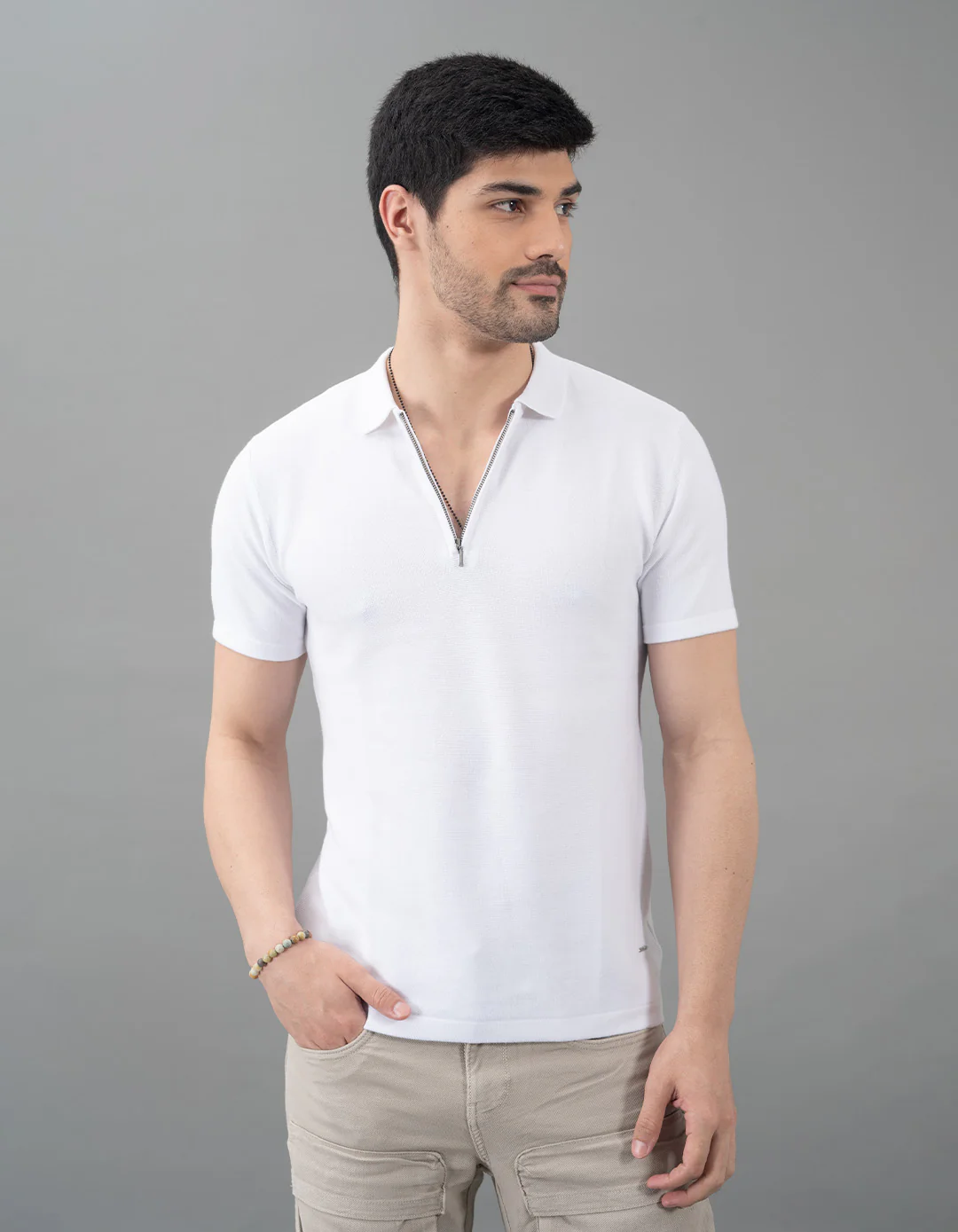 White Half Sleeves Flatknit Polo Tee