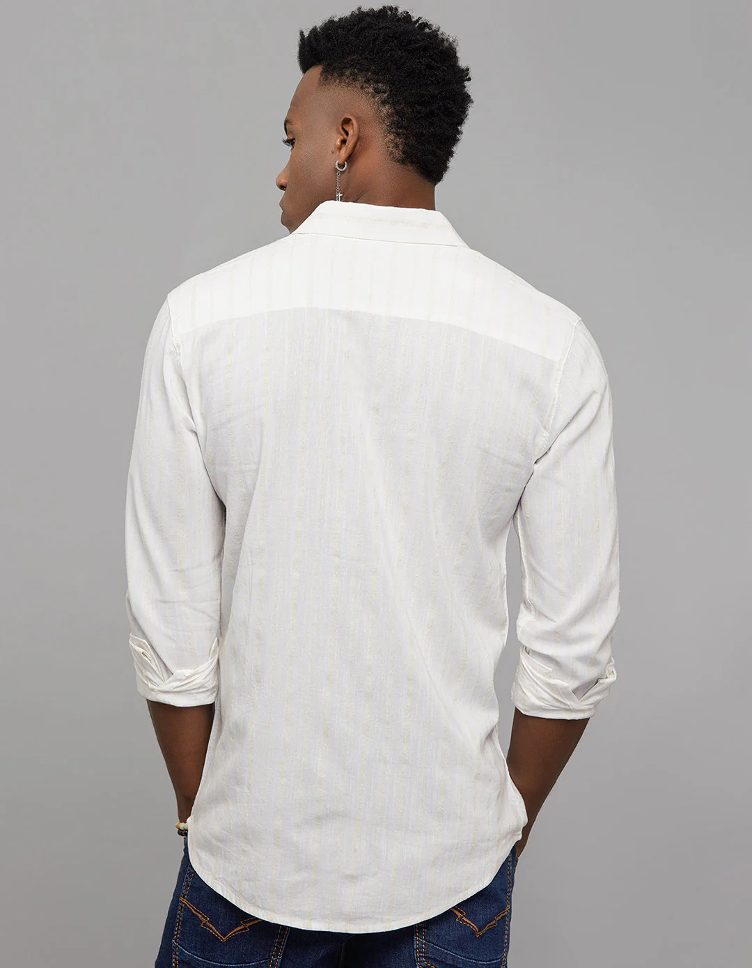 White Khaki Full Sleeves Linen Blend Stripe Shirt - Image 6