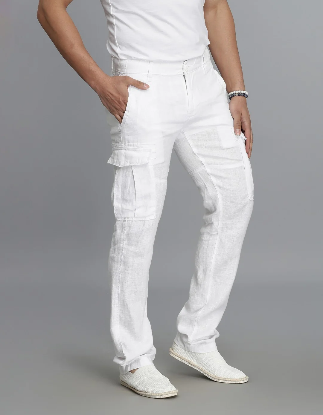 White 100% Linen Cargo Pant - Image 4