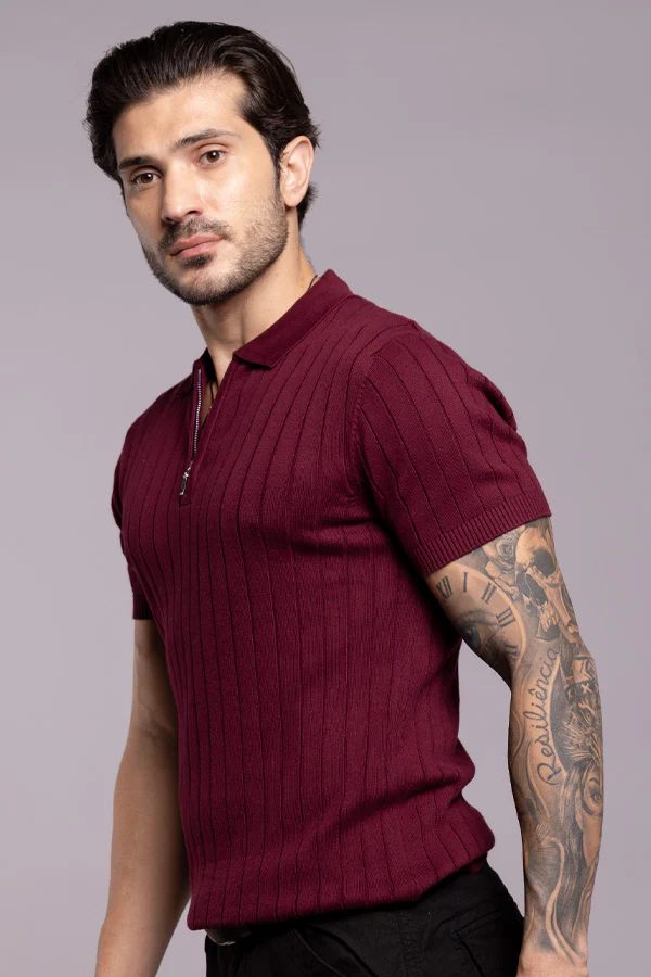 Wine Half Sleeve Flatknit Polo Tee - Image 3