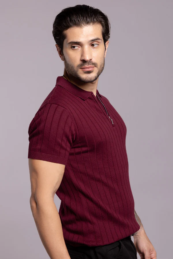 Wine Half Sleeve Flatknit Polo Tee - Image 4