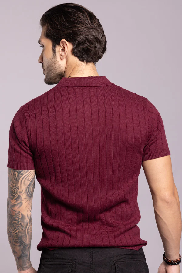 Wine Half Sleeve Flatknit Polo Tee - Image 5