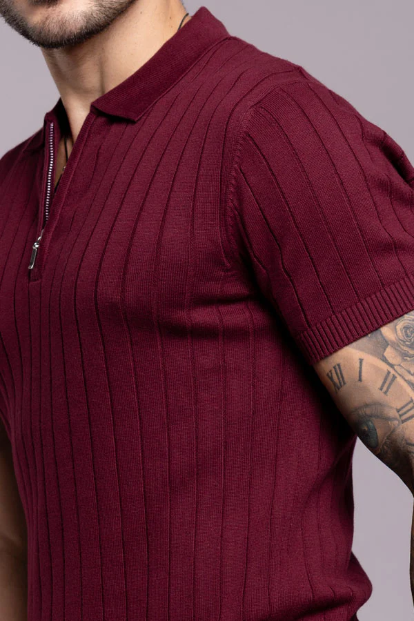 Wine Half Sleeve Flatknit Polo Tee - Image 6
