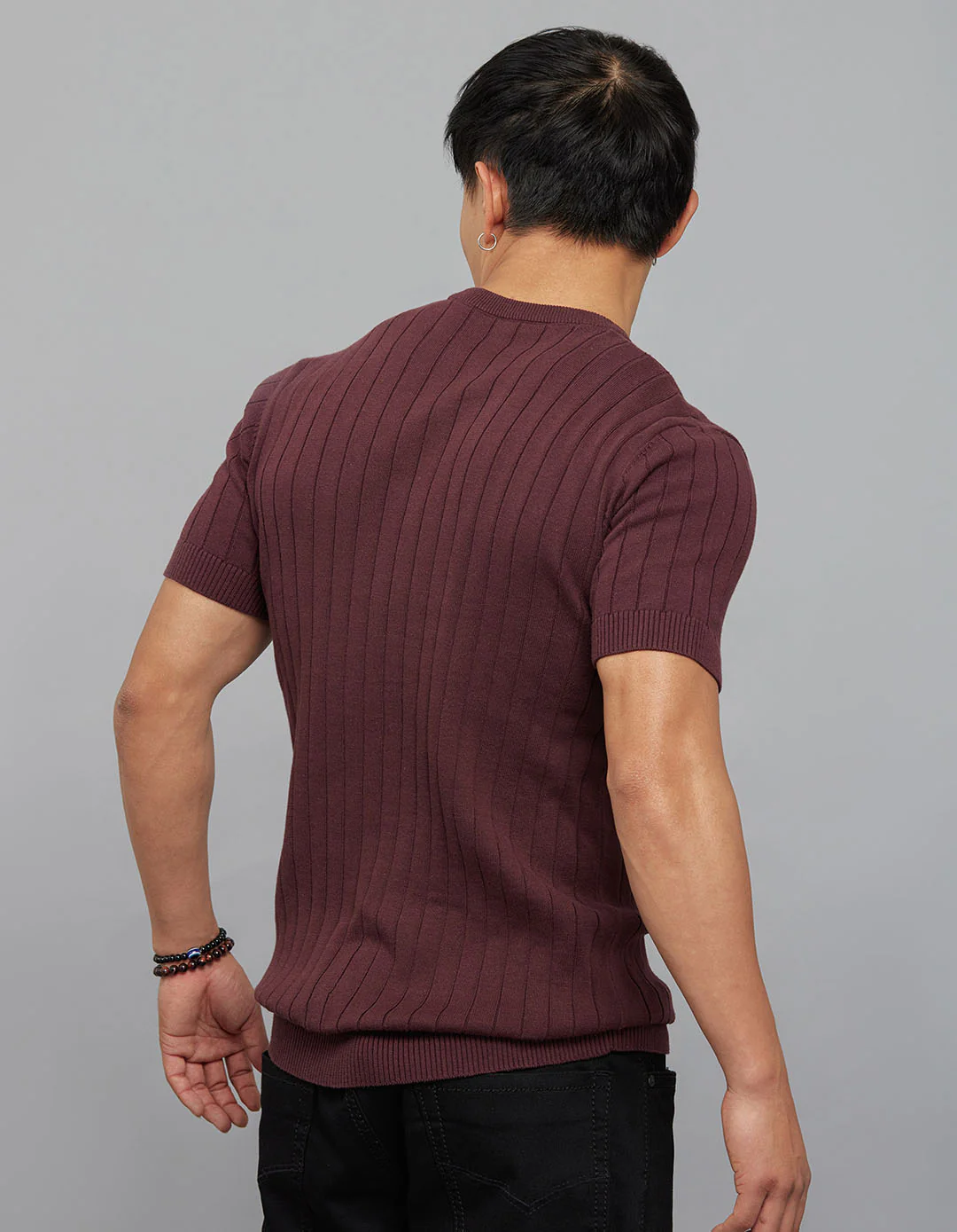 Wine Round Neck Half Sleeves Flatknit - Image 6